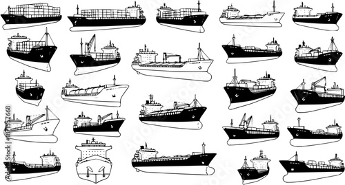 Comprehensive Hand-Drawn Collection of Cargo Ships, Freighters, Container Vessels, and Tankers for Global Shipping and Maritime Transport, Black and White Sketch Vector Set
