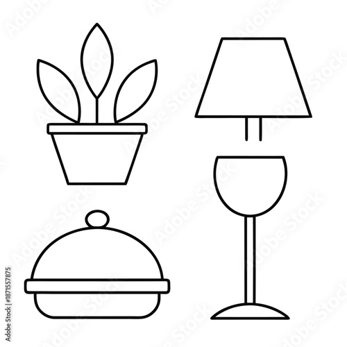 Simple black line icons representing home decor dining and lighting elements