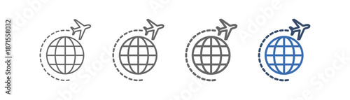 
Outline icon set international travel with airplane and globe design