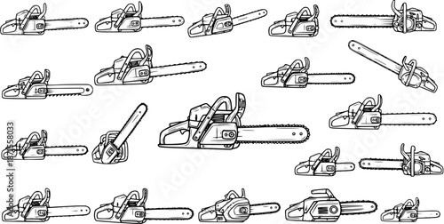 Seamless pattern of various hand-drawn chainsaws, black and white outline illustrations creating a repeating background of power tools for lumberjack and forestry themes.