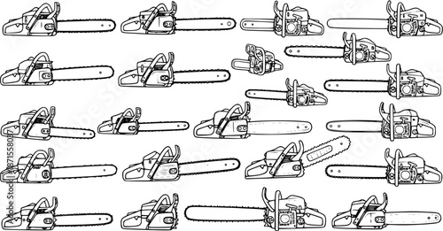 Black and white seamless pattern of various hand-drawn cartoon chainsaws. Illustration background for lumberjack, carpentry, or tool themes.