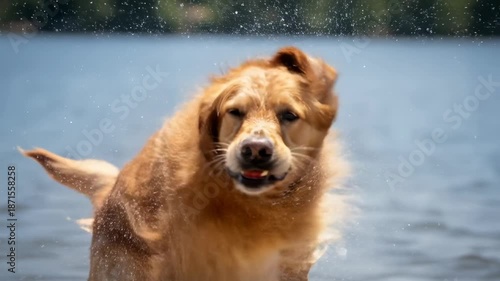 Golden retriever dog shake water splash lake, summer outdoor wet playful pet canine, joyful energy, animal fun by lakeside with big splash and shake