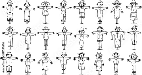 Collection of 24 unique hand-drawn scarecrow characters in black and white outline. Diverse rustic figures for autumn, harvest, farm, and Halloween designs.