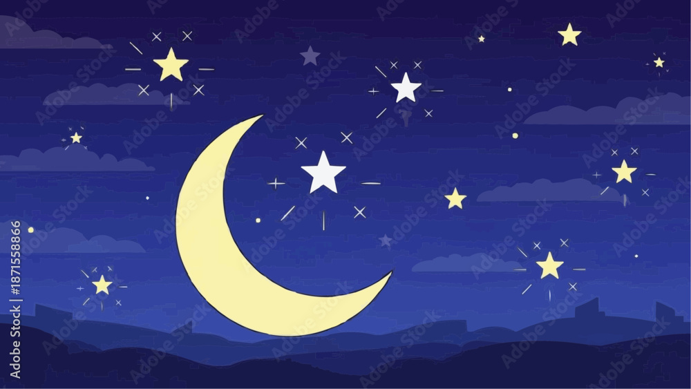 Fototapeta premium Crescent Moon and Stars in the Night Sky.