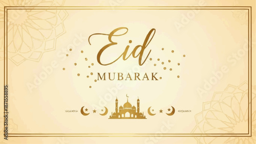 Eid Mubarak Islamic Greeting Card with Mosque and Crescent Moon.