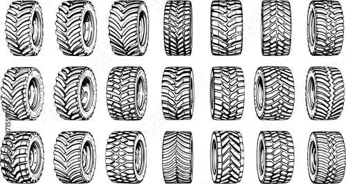 Collection of various heavy-duty tire tread patterns. Black and white vector illustrations featuring diverse off-road, agricultural, and industrial vehicle wheel designs.