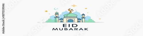 An illustration featuring a mosque with a crescent moon and stars, accompanied by the text 'Eid Mubarak' in a minimalist and festive design.