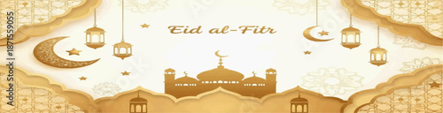 Elegant golden Eid al-Fitr banner with mosque silhouette, crescent moons, stars, and hanging lanterns, featuring intricate Islamic patterns and a festive, celebratory design.