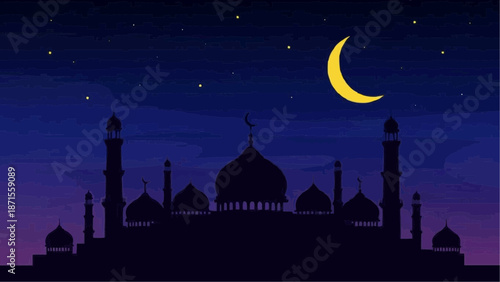 Silhouette of a grand mosque with multiple domes and minarets under a starry night sky with a bright crescent moon.