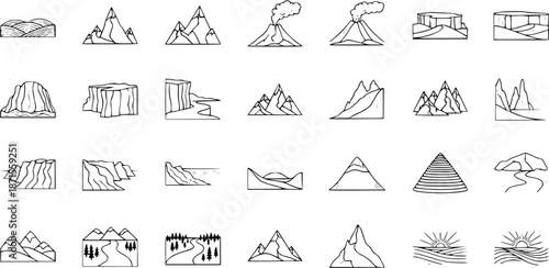 Hand Drawn Line Art Landscape Elements Collection: Mountains, Volcanoes, Cliffs, Hills, and Sunrises for Nature and Geography Design