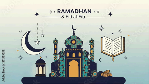 Illustrative depiction of Ramadhan and Eid al-Fitr with a mosque, crescent moon, lantern, and Quran, set against a light blue background.