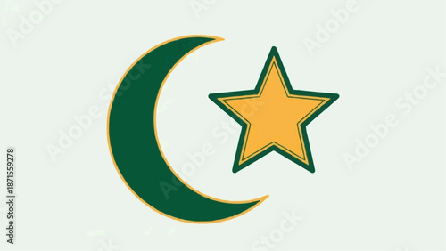 Green crescent moon and yellow five-pointed star with green outline on a white background, symbolizing Islam.