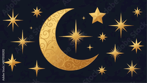 Golden crescent moon with ornate patterns and sparkling stars against a dark night sky, creating a magical celestial design.