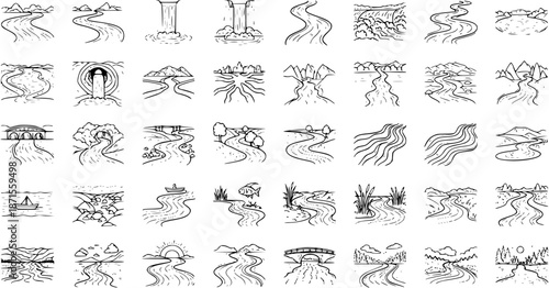 Slika na platnu River Doodles: Hand-Drawn Waterways, Streams, and Landscapes Vector Illustration
