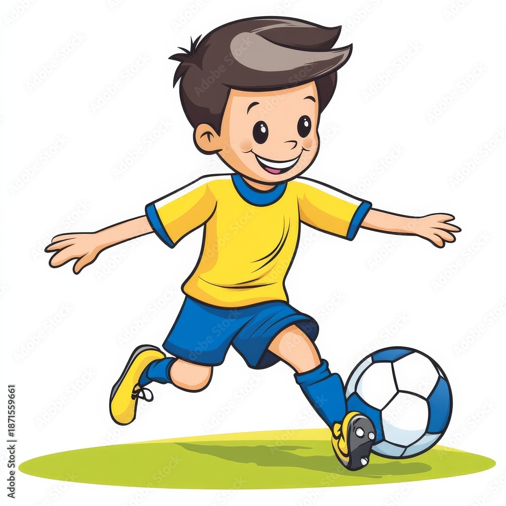 Obraz premium Young boy in yellow and blue sports uniform kicks soccer ball on the field during a sunny day in the park while having fun playing the game