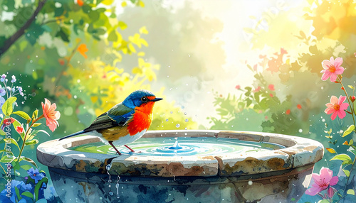 水盤で水浴びをする小鳥の美しい水彩画風イラスト 庭の背景素材