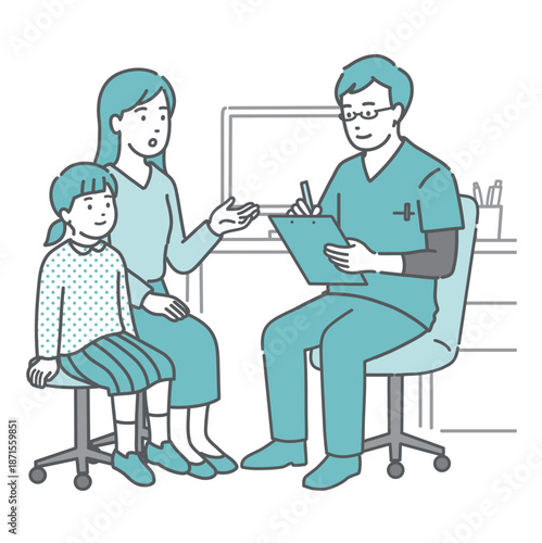 問診をする男性医師と女の子と母親（スクラブ・小児科・皮膚科）