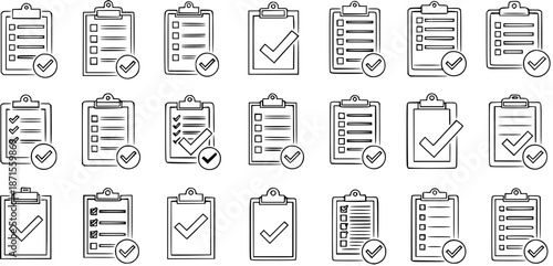 Hand-drawn outline clipboard, checklist, and checkmark icon set. Vector graphics for task completion, verification, success, approval, and business management concepts.