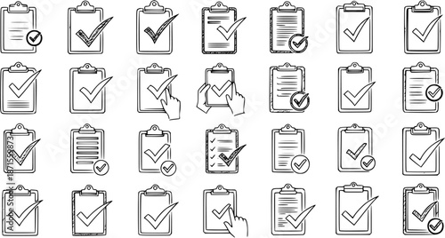 Hand-Drawn Clipboard Check Mark Icons - To-Do List and Approval Symbols
