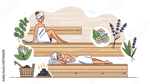 Relaxing spa scene with women enjoying sauna and steam bath tranquility