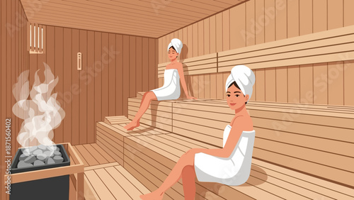 Relaxing sauna scene with two women wrapped in towels enjoying steam and