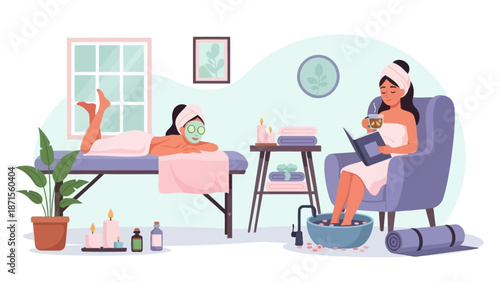 Relaxing self-care scene with woman getting foot bath and taking notes at home