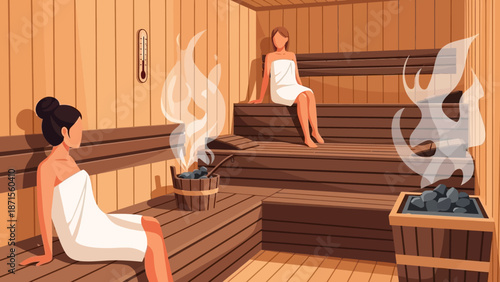 Relaxing sauna experience with women enjoying wooden warmth and steam relaxation