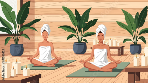 Serene women practicing meditation in calming spa environment surrounded by