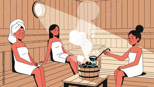 Relaxing spa experience with women enjoying steam and sauna treatments in