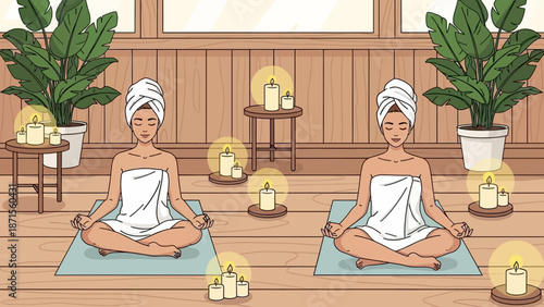 Serene spa meditation room with candles and lush potted plants for relaxation