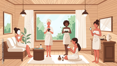 serene spa scene with women receiving treatments in a cozy wooden room