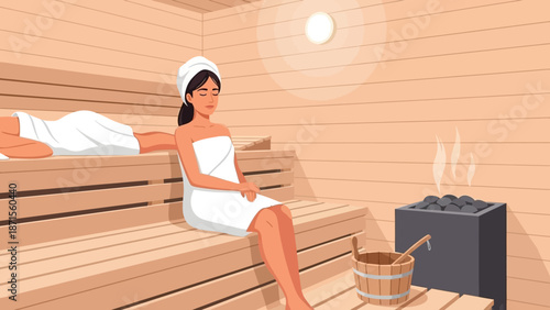 Relaxing in a wooden sauna with a woman wrapped in a towel and steam rising