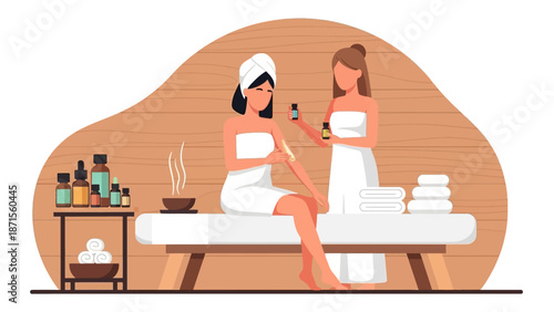 Relaxing spa treatment with women enjoying massage and skincare routine in