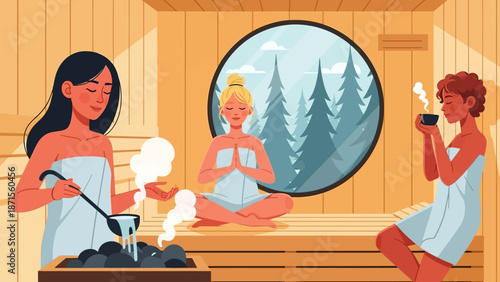 Relaxing sauna scene with friends enjoying steam and tea in a cozy wooden cabin