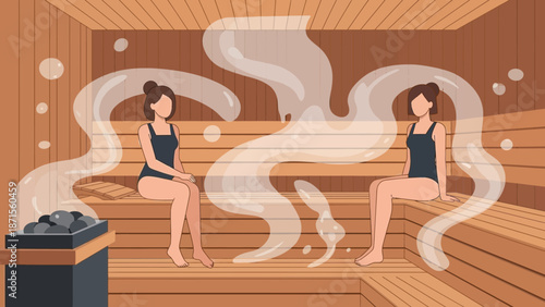 Relaxing spa sauna scene with two women enjoying steam therapy in a wooden