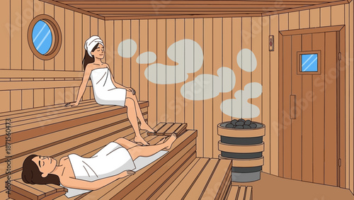 Relaxing sauna scene with two women wrapped in towels enjoying steam therapy