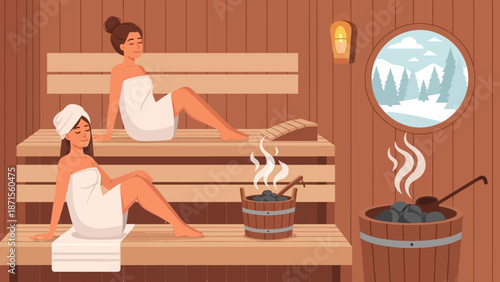 Relaxing sauna scene with two women enjoying steam therapy in warm wooden