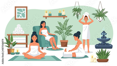Serene indoor spa scene with women practicing meditation and relaxation