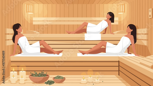 Serene indoor sauna scene with three women relaxing in warm wooden environment