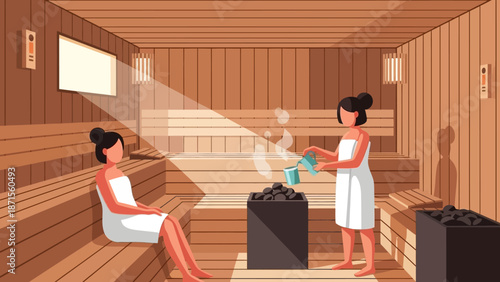 Relaxing sauna scene with two women enjoying steam therapy in a wooden interior
