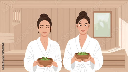 Two women relaxing in a spa enjoying herbal treatments and calm atmosphere