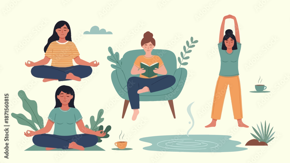 Fototapeta premium Women Practicing Meditation and Relaxation Habits in Calm Home Environment