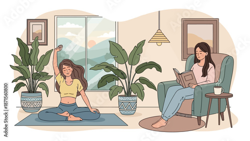 Serene indoor lifestyle scene featuring a woman practicing yoga and another
