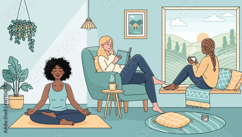 Contemporary indoor scene featuring diverse women engaging in relaxation and