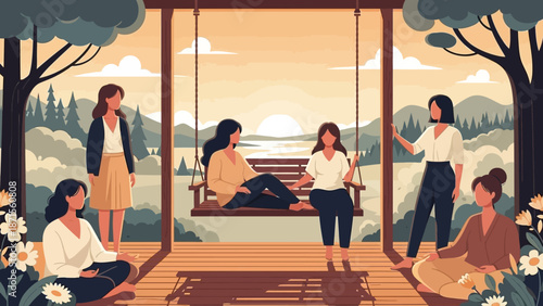 group of diverse women engaging in outdoor discussion on a swing set in a