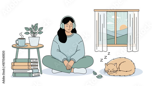 Calm indoor scene with a woman wearing headphones relaxing near a sleeping cat