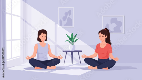 Serene indoor meditation session with two women practicing mindfulness in a
