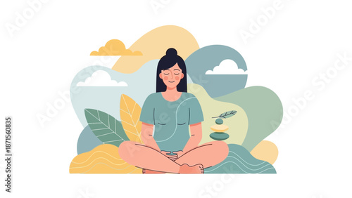 Serene young woman practicing meditation in a tranquil outdoor setting