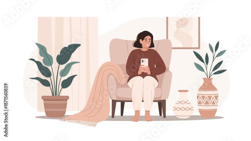 Cozy indoor scene of a woman relaxing on a plush armchair with potted plants