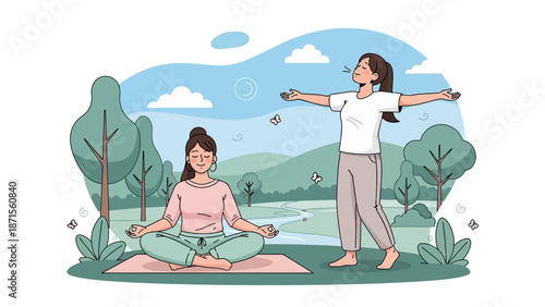 Two women practicing outdoor yoga meditation and stretching in a peaceful park